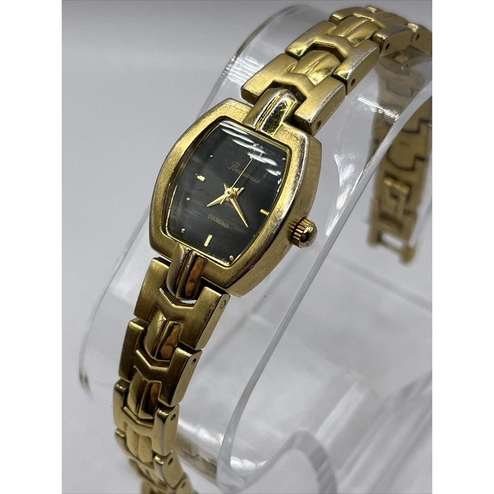 Beauvais‎ Diamond Women's Quartz Watch Gold Band Black Dial- New Battery